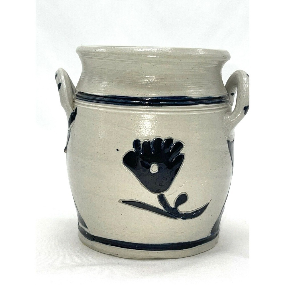 Williamsburg WESTERWALD salt crock looped handles, incised, blue flower/striped